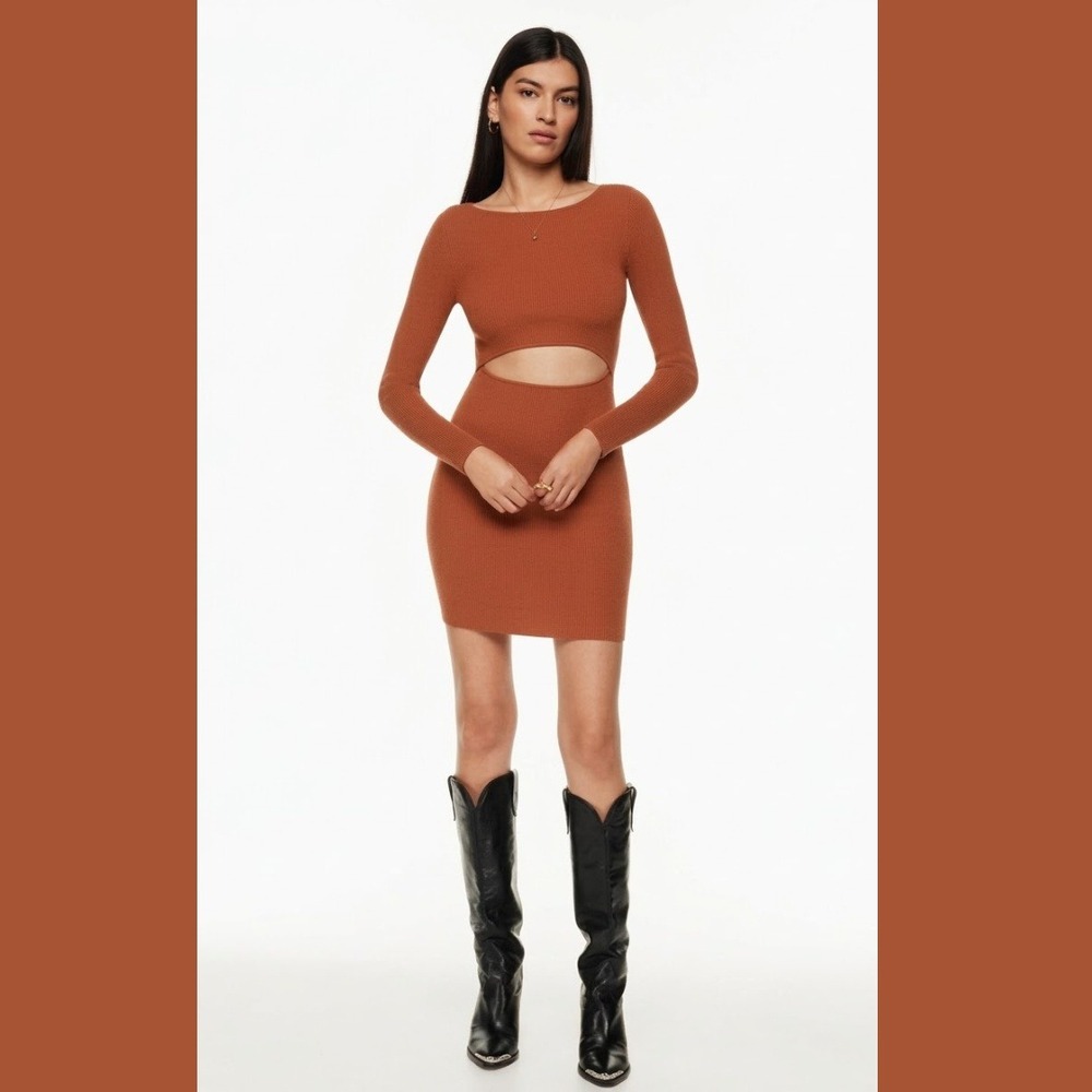 NEW Wilfred Women XS Cut-Out Longsleeve Mini Dress Revel Red Ribbed Knit Bodycon